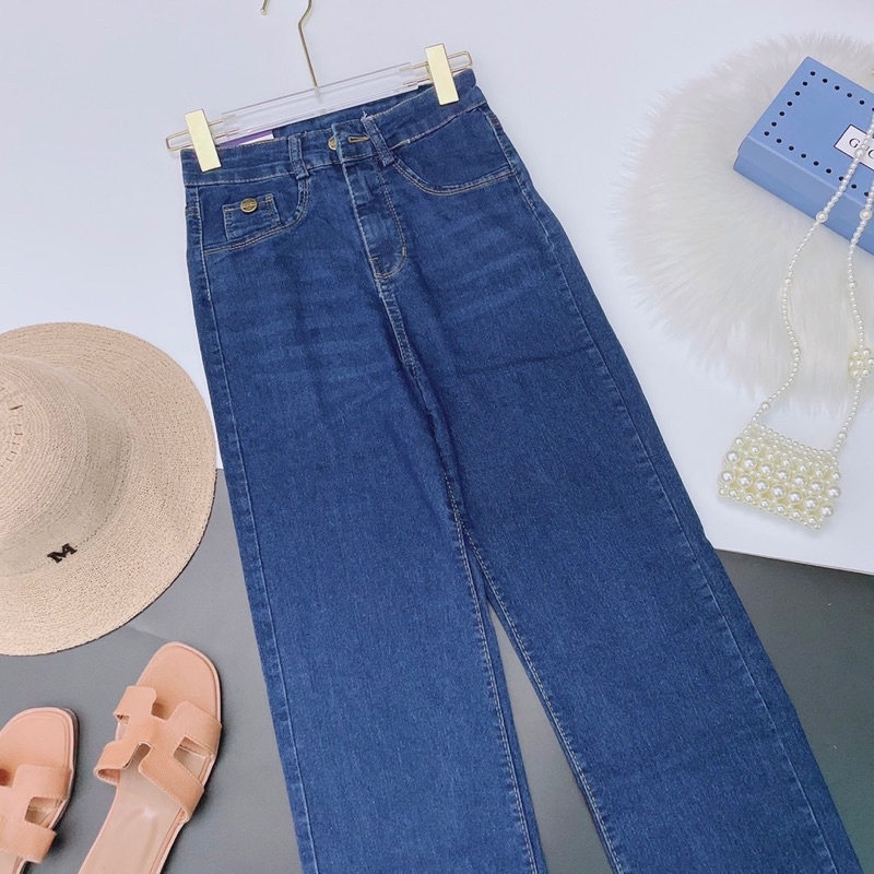 quần jean dài suông ống rộng Quần jeans dãn dáng xuông ống đứng màu xanh