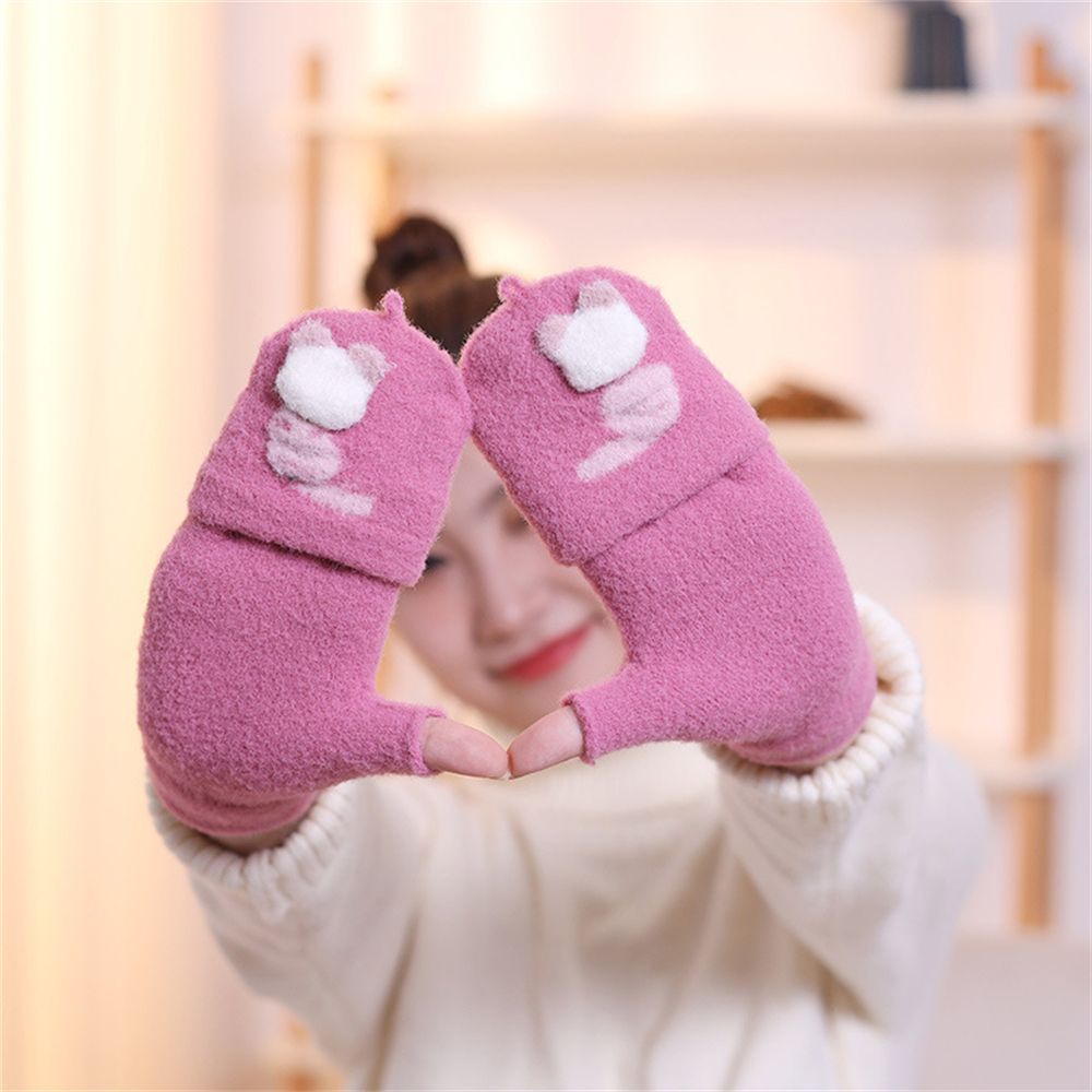 Đôi Găng Tay Lông Nhung Mềm Mại Hở Ngón Họa Tiết Mèo Dễ Thương
