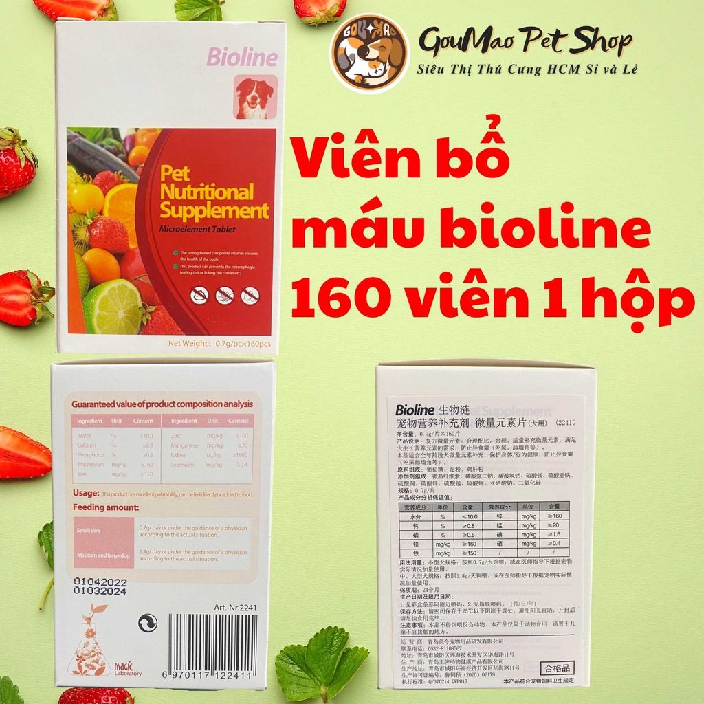 ( BÁN LẺ 1 VIÊN ) Viên bổ sung máu - Vitamin - Khoáng chất tổ hợp Bioline cho chó 160viên/hộp