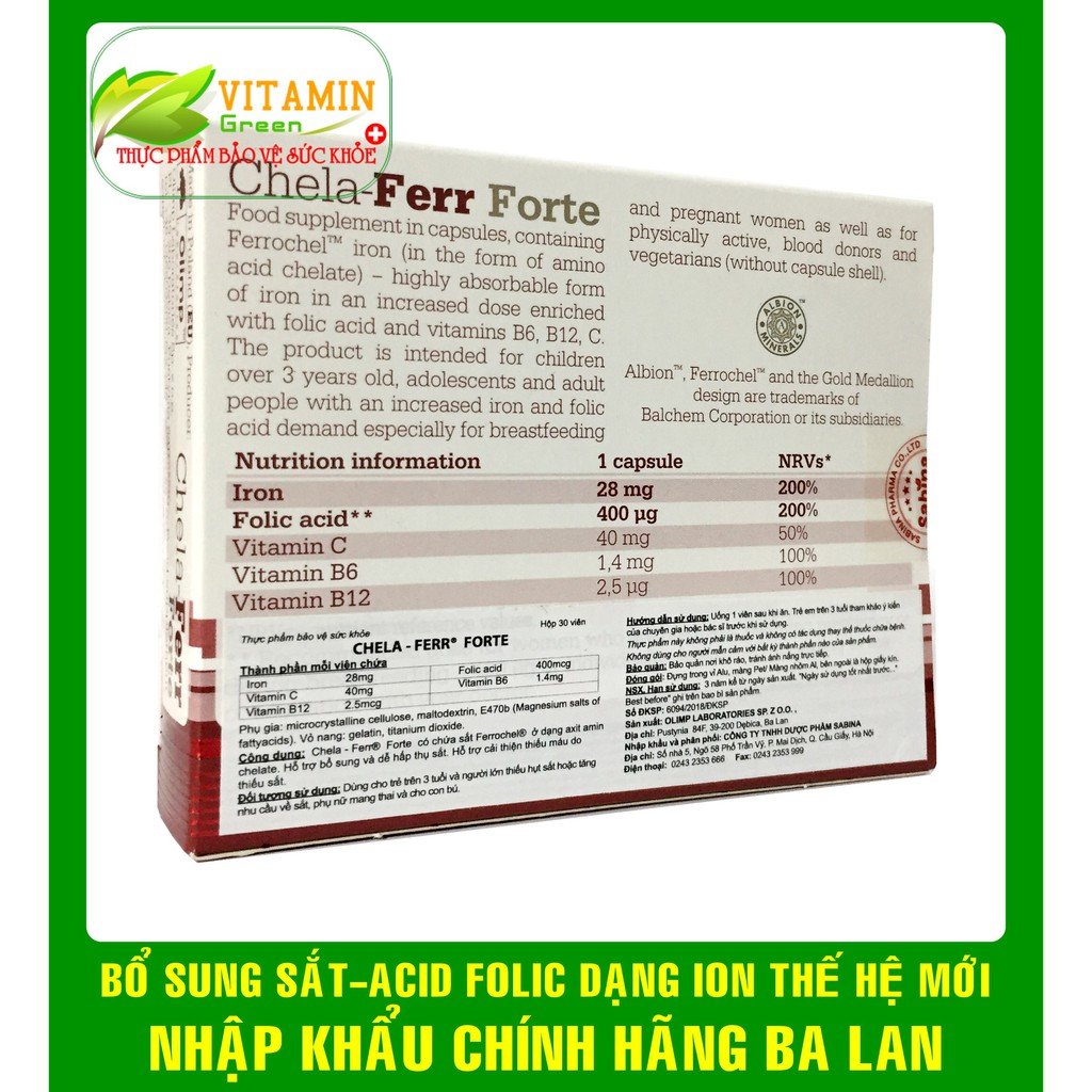 CHELA-FERR FORTE SẮT HỮU CƠ, ACID FOLIC CHO PHỤ NỮ TRƯỚC TRONG VÀ SAU SINH | NHẬP KHẨU CHÍNH HÃNG BA LAN