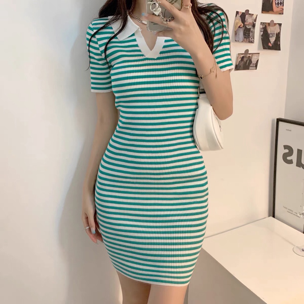 Váy Body Len Kẻ Ngang Cổ V Siêu Xinh (VIDEO, ẢNH THẬT)
