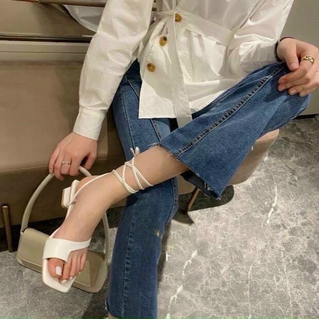 guốc sandal gót vuông 5cm mũi hở dây quấn cổ chân Minhtuyethoes-Giày nữ kiểu chiến binh mẫu mới 2022