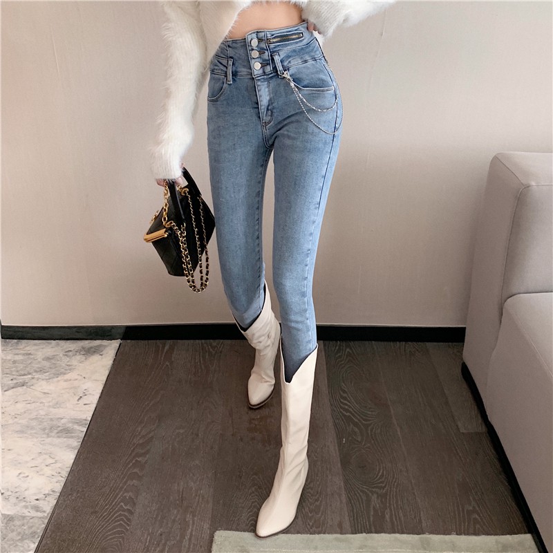 Quần Jeans Mỏng Phối Khóa Kéo Và Dây Xích Thời Trang Mùa Thu Cá Tính