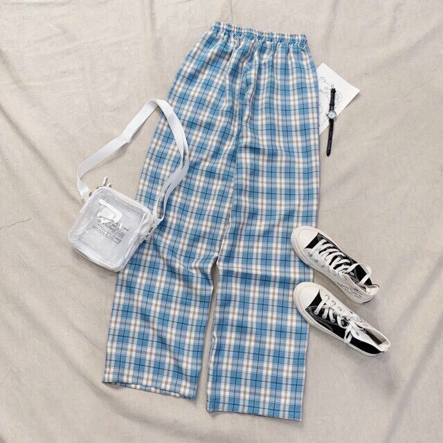 Quần ống rộng lưng cao unisex GURI quần caro ống rộng Tặng quà ngẫu nhiên QCR01