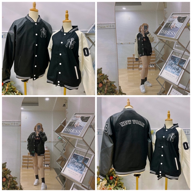 ÁO KHOÁC MLBNY BOMBER BASIC TAY DA - ÁO VARSITY NAM NỮ UNISEX - HÀNG CHÍNH HÃNG