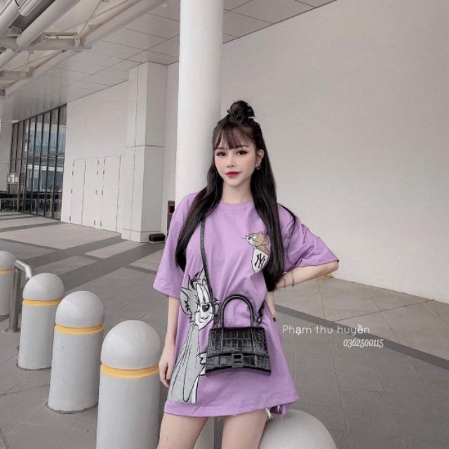Áo phông nữ dáng rộng, áo thun tay lỡ họa tiết mèo chuột (kèm ảnh thật, video)
