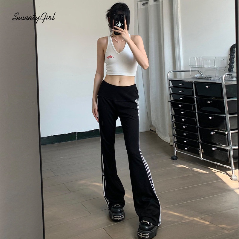 Quần Dài Ống Loe Lưng Thấp Màu Trắng Đen Thời Trang 2022 Quyến Rũ Cho Nữ