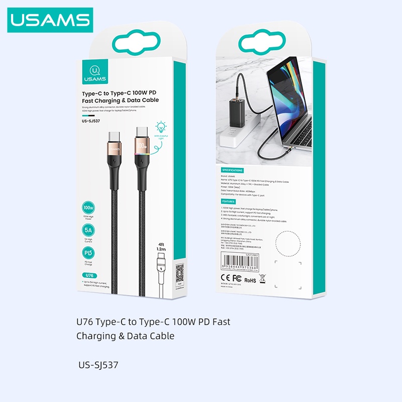 Dây Cáp Sạc Nhanh USAMS U76 100W Truyền Dữ Liệu 6A USB Type C Có Đèn LED Báo Hiệu Cho Điện Thoại Máy Tính Bảng Laptop