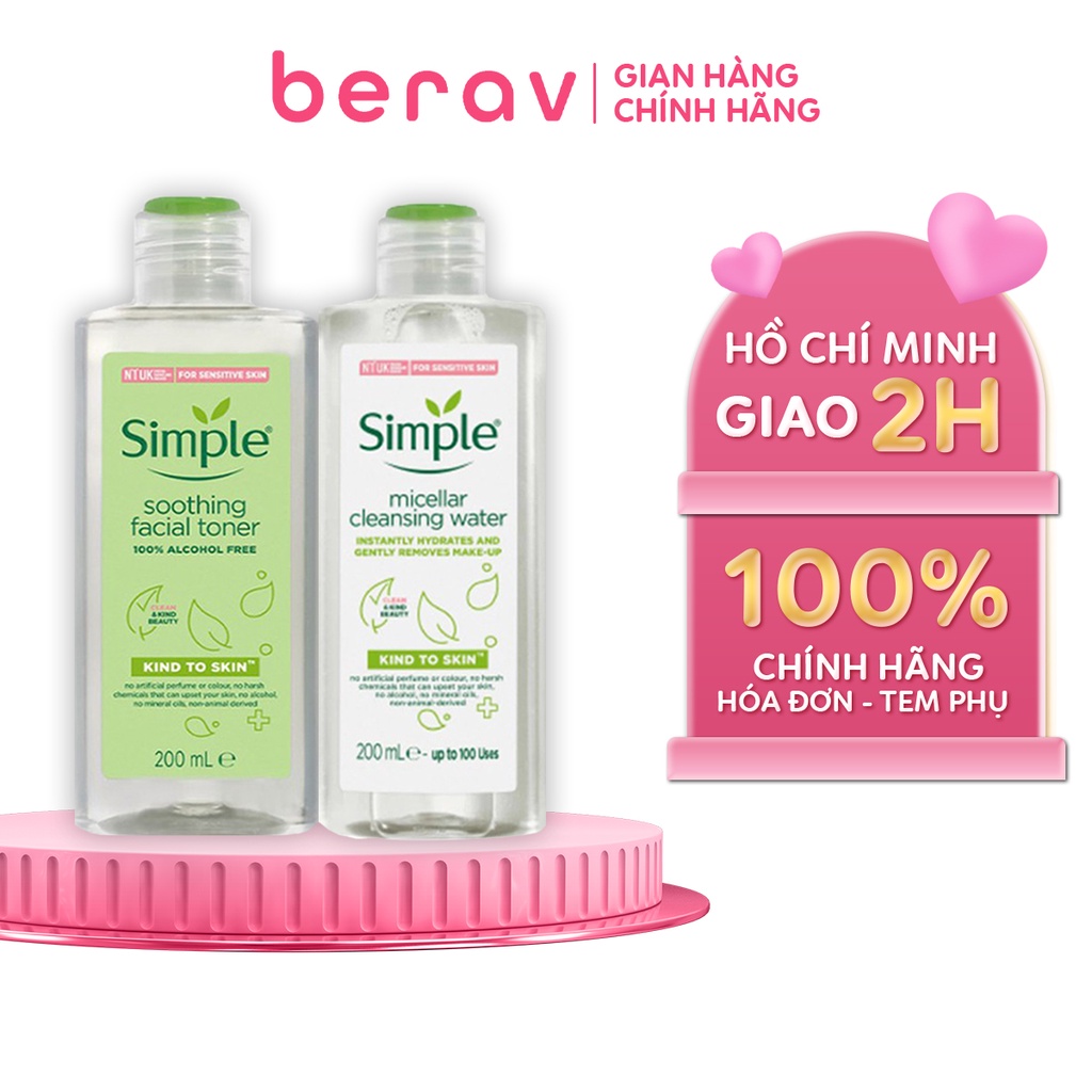 Combo Nước Tẩy Trang Simple Micellar Water 200ml + Nước Hoa Hồng Simple Da Dịu Nhẹ Soothing Facial Toner 200ml