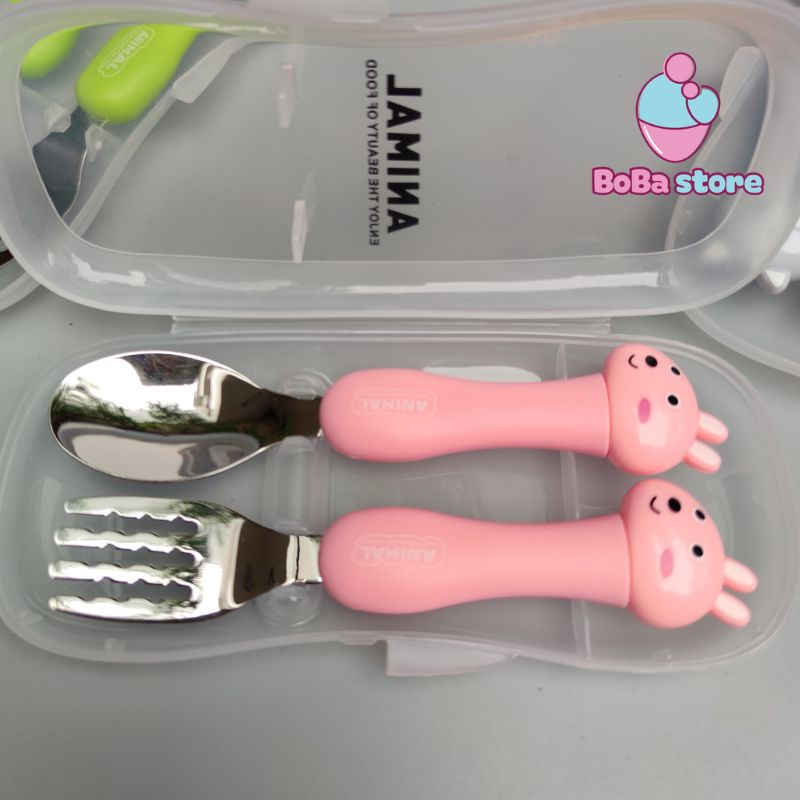 Thìa nĩa/ Muỗng nĩa cho bé ăn dặm ANIMALS kèm hộp tại BoBa store