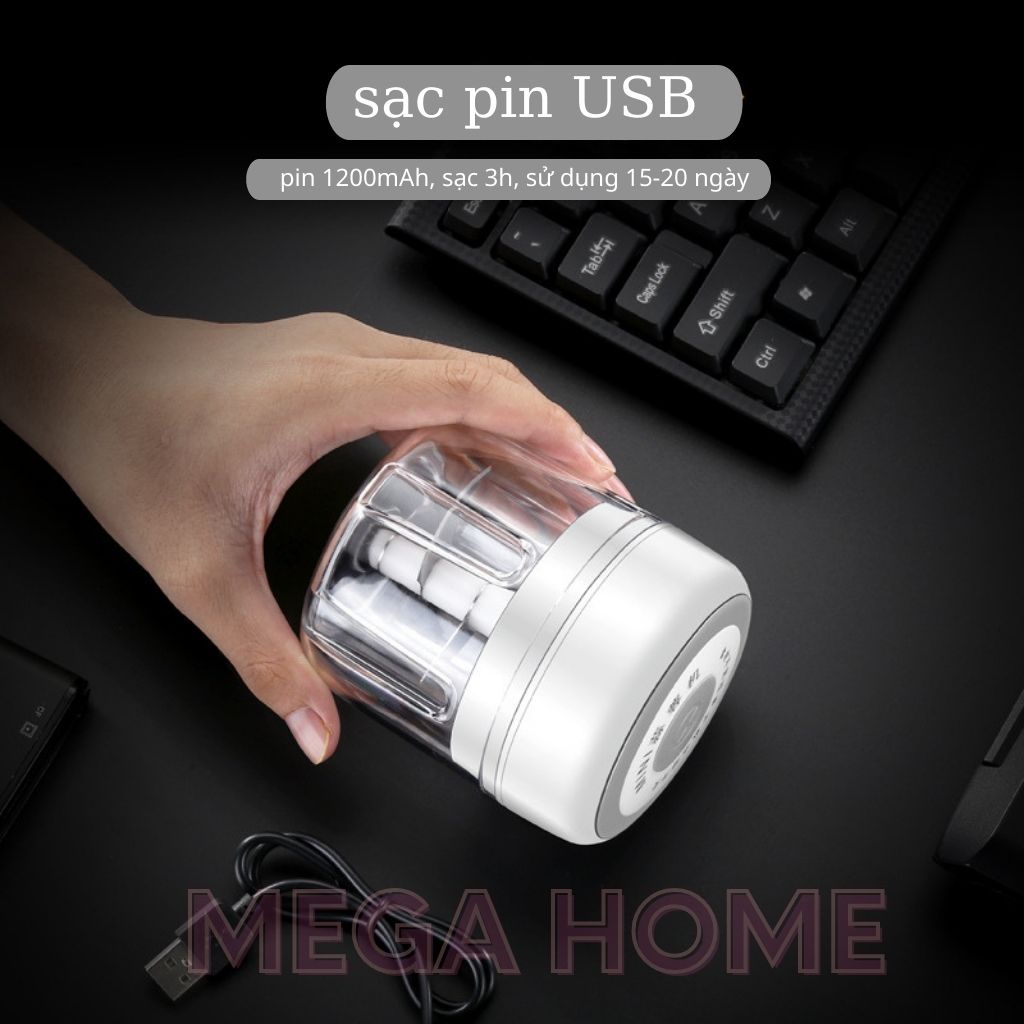Máy xay tỏi ớt rau quả mini cầm tay, pin sạc công tắc cảm biến đóng mở nắp an toàn