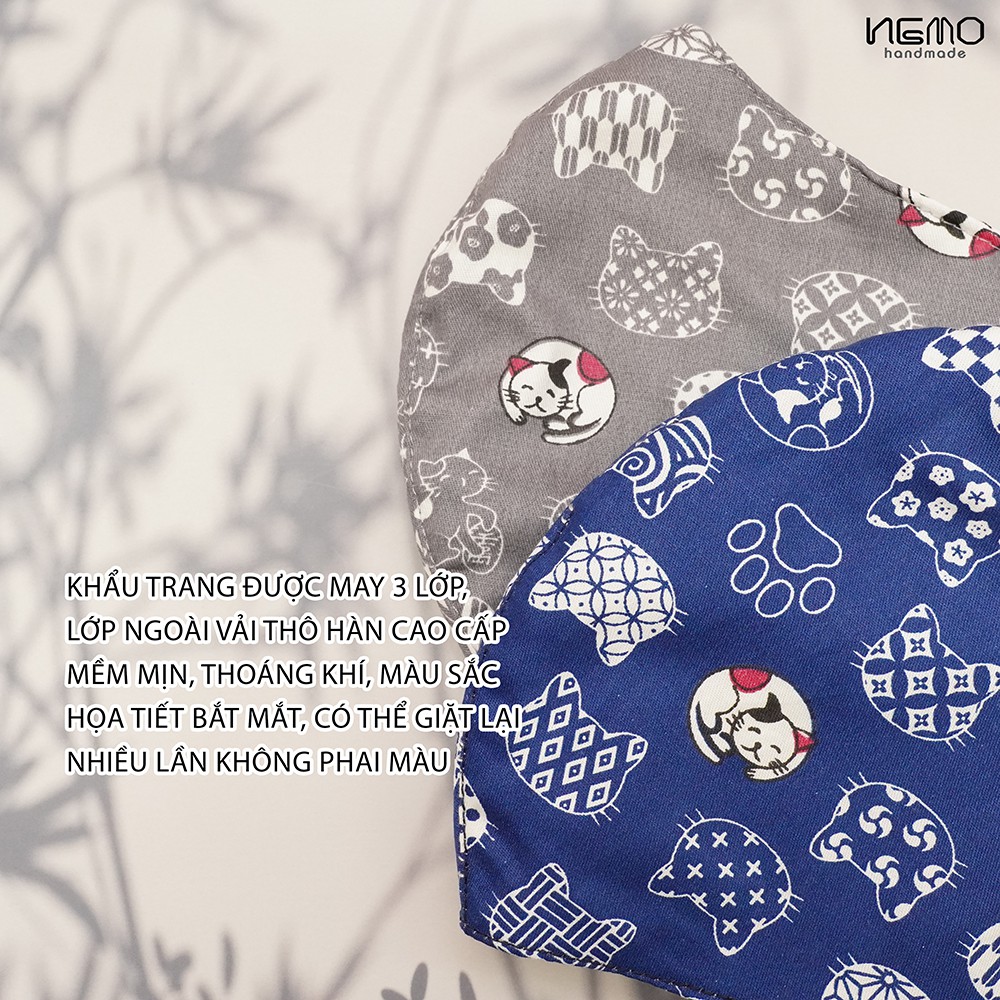 Khẩu trang vải 3 lớp chống nắng, chống bụi, vải mềm mịn cực mát, họa tiết mèo - Nemo Handmade KTMNB2M | BigBuy360 - bigbuy360.vn