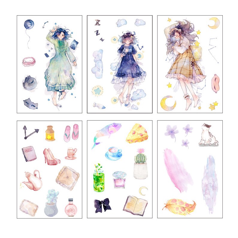 Set 6 tấm sticker hình dán cổ trang màu nước xinh xắn thơ mộng trang trí sổ đáng yêu giá rẻ