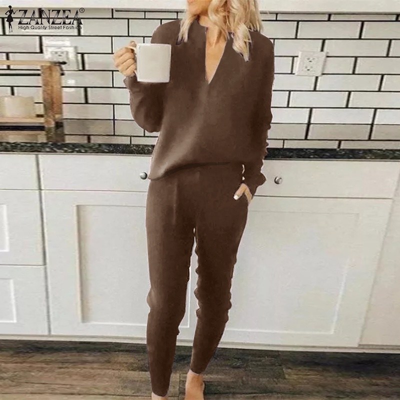 Set đồ thể thao ZANZEA gồm áo sweatshirt cổ chữ V + quần dài eo co giãn phong cách thường ngày cho nữ