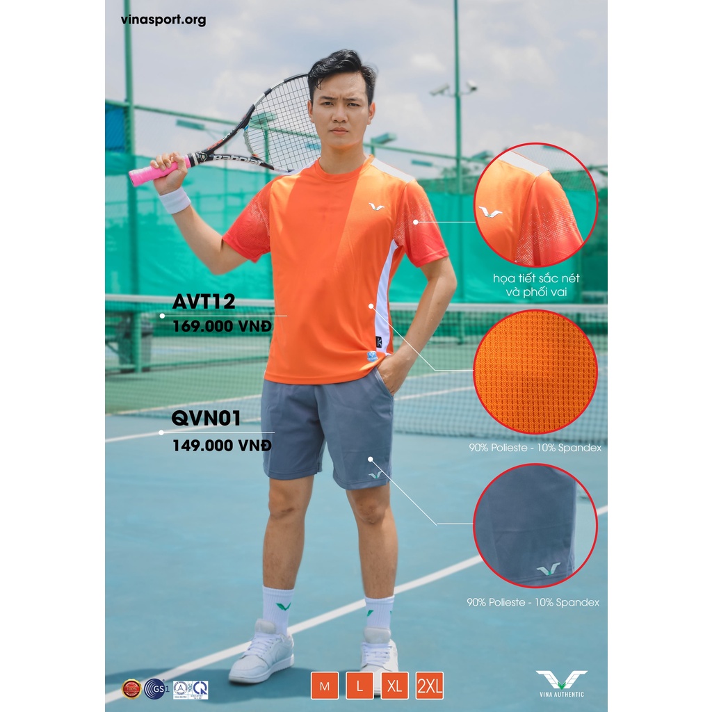 Áo Thể Thao Nam AVT12 Vina Sport, Chất Thun Poly Thấm Hút Mồ Hôi, Thoáng Mát, Co Dãn Tốt, Full Size, Đồ Tập Gym, Tenis