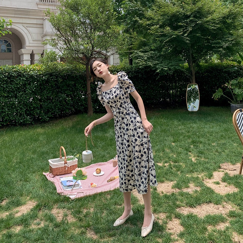 COZOK Đầm Hoa Tay Phồng Ôm Eo Phong Cách retro Nữ Tính