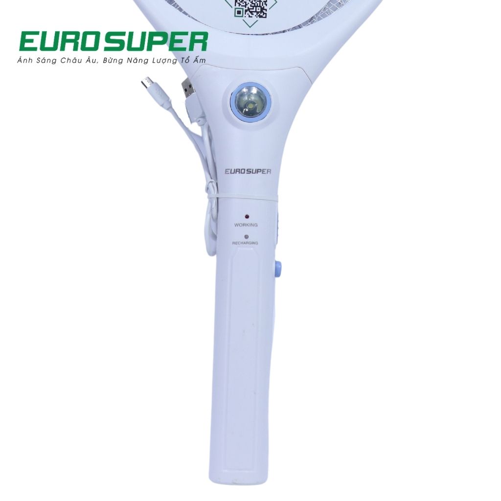 Vợt Bắt Muỗi EUROSUPER Tích Hợp Đèn LED Báo Tiện Lợi, Tay Cầm Nhựa Trắng Chắc Chắn ES W8