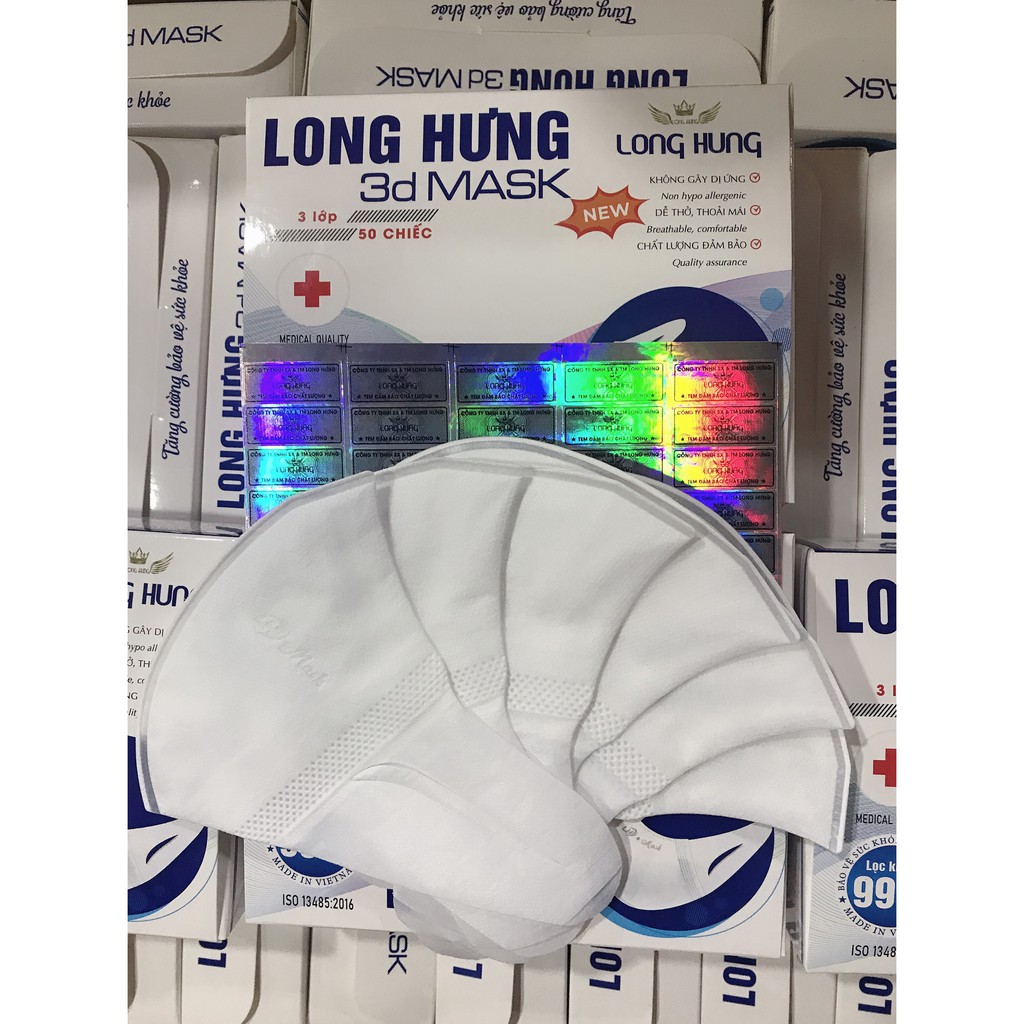 Khẩu trang 3D mask Long Hưng công nghệ Nhật Bản chống bụi mịn cao cấp hộp đóng 50 cái