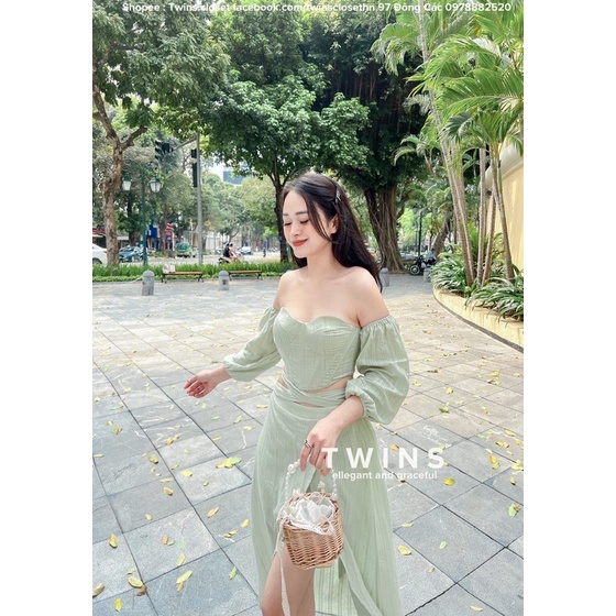 Set váy maxi trễ vai cut eo set rời có lót quần (Maya baby green set)