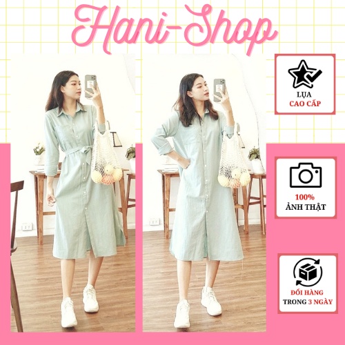 Đầm Sơ Mi Suông Dài Kiểu Váy Suông Có Túi Hông Kèm Dây Thắt Eo, Chất Linen Thun Thoáng Mát, Freesize Dưới 60kg
