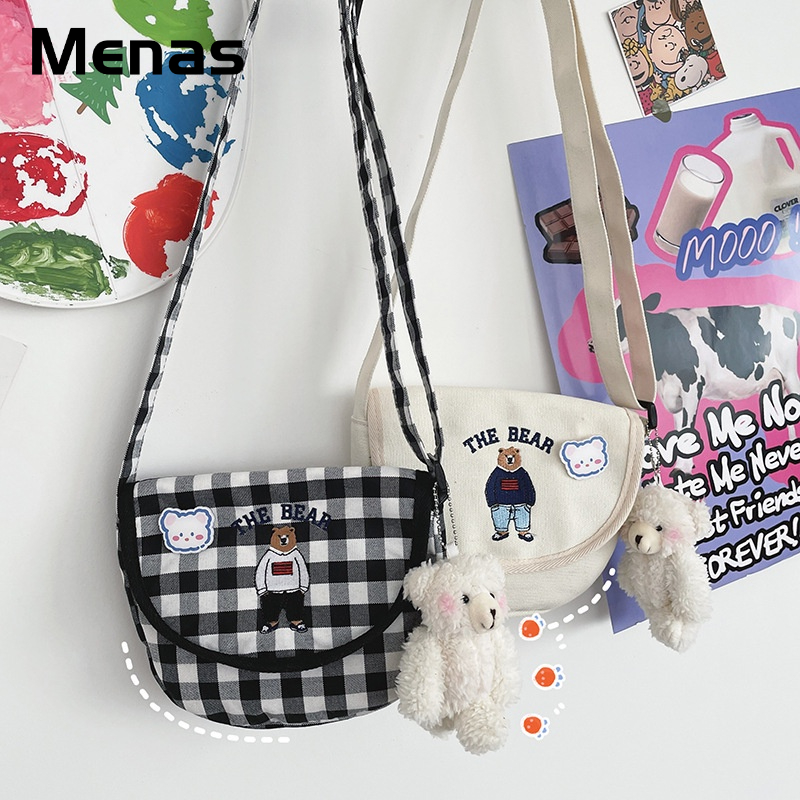 Menas Túi Đeo Vai Vải canvas Sức Chứa Lớn In Hình Gấu Dễ Thương Phong Cách Cổ Điển Thời Trang Cho Học Sinh