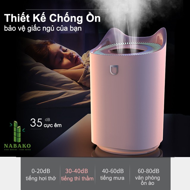 Máy Phun Sương Tạo Độ Ẩm Cỡ Lớn 3 Chế Độ, 3000ml, Sạc USB, Đèn ngủ LED - Nabako