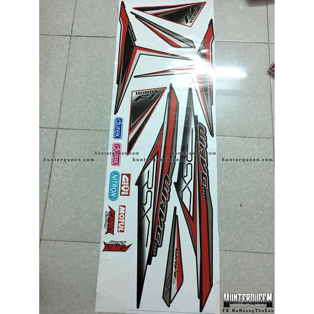 Tem rời xe WAVE RSX 2014. Dán xe đen bửng đỏ. Chống nước, bền màu, sắc nét. Thay đổi theo yêu cầu. Chất lượng cao.