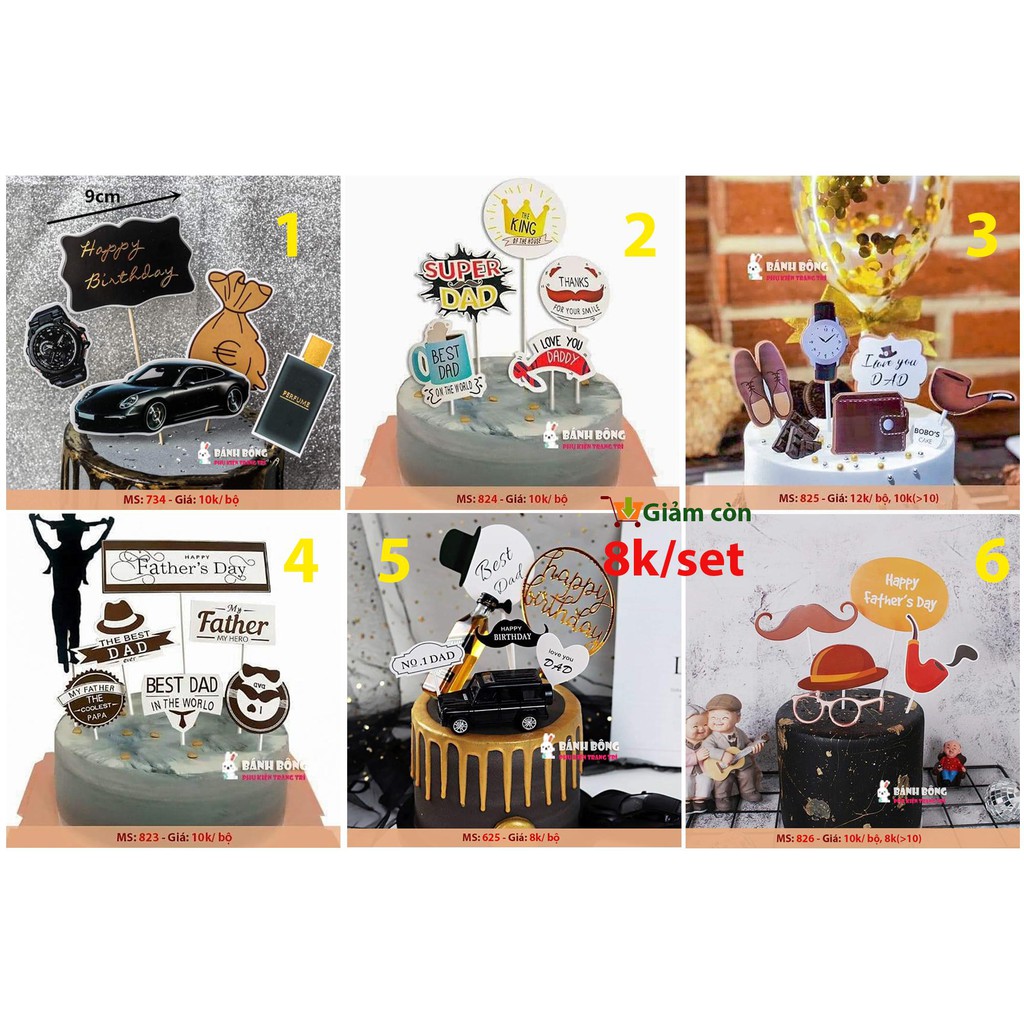 Set cắm giấy Lực Sĩ Xe Hơi Đồng Hồ Túi Tiền trang trí Bánh Kem Phụ Kiện Sinh Nhật dành cho Daddy Ngày của Cha Father Day
