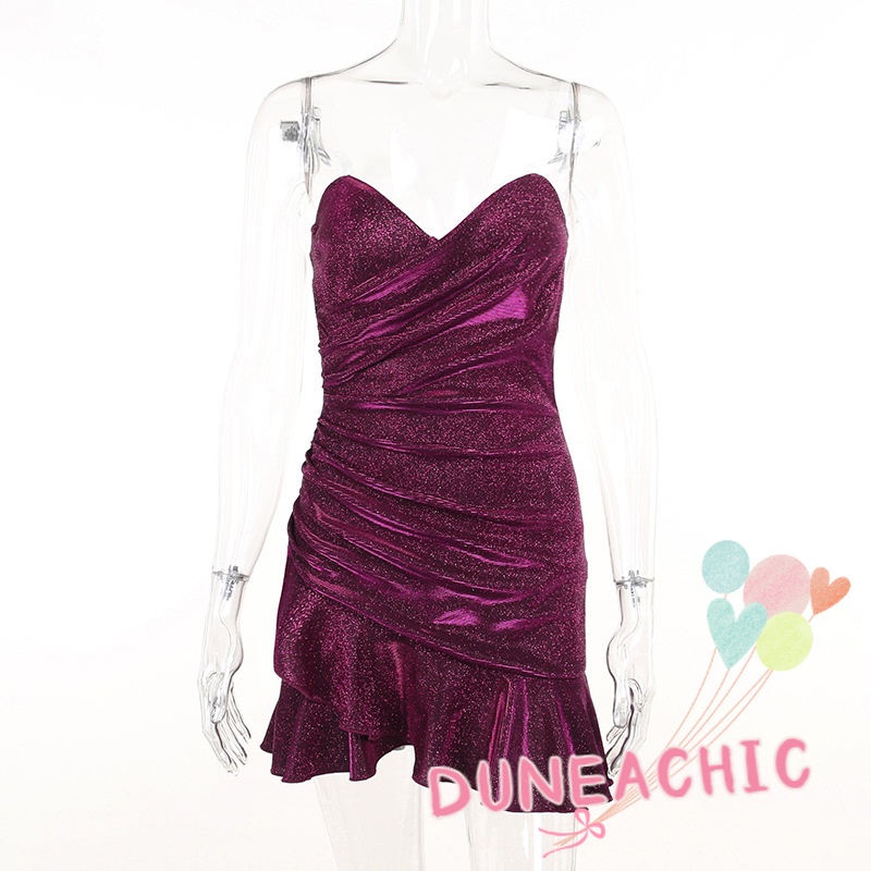 DUNEA Đầm Dự Tiệc Trễ Vai Phối Bèo Thiết Kế Xếp Ly Nữ Tính