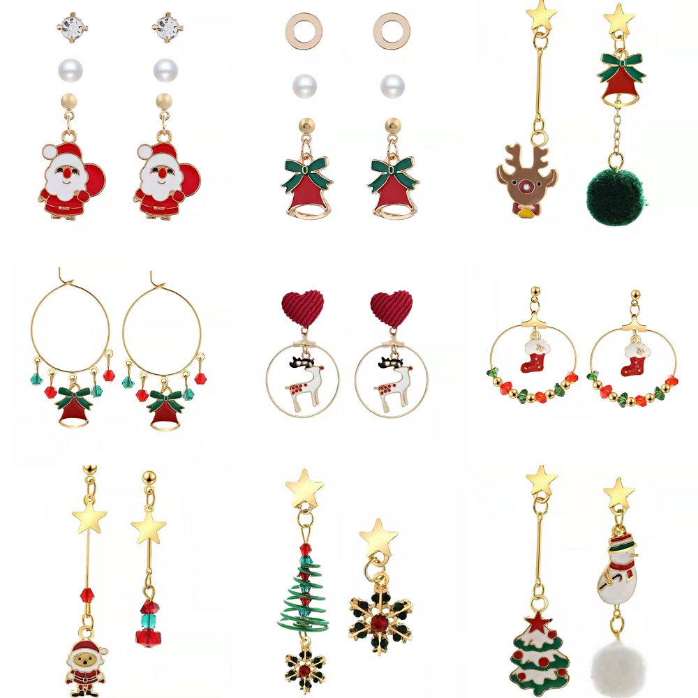 Fashion Gold Crystal Pearl Tassel Earrings Bells Elk Santa Claus Christmas Tree Earrings Women Jewelry Accessories