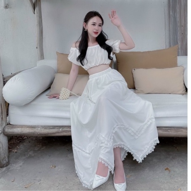[FREESHIP ]Set trắng phối ren bẹt vai tay ngắn