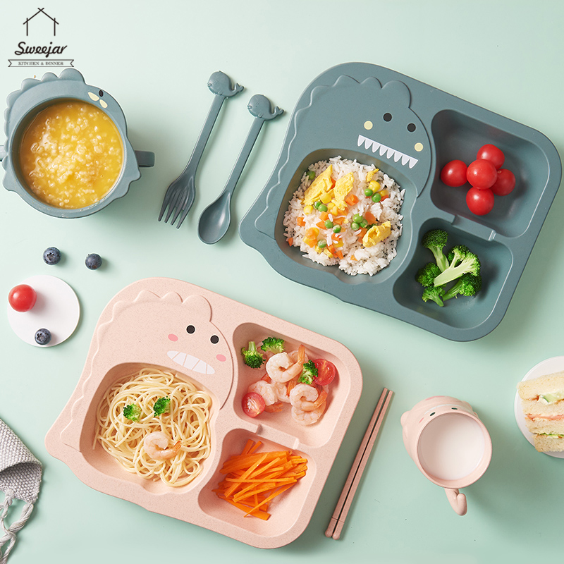 Cốc/Tô/Dĩa + muỗng + nĩa + đũa SWEEJAR chất liệu rơm lúa mì thiết kế hình khủng dễ thương cho bé