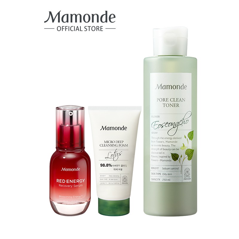 Combo chăm sóc da chuyên sâu dành cho da dâu Mamonde Pore Clean Toner 250ml+ Red Energy Serum 30ml+ Cleansing Foam 50ml