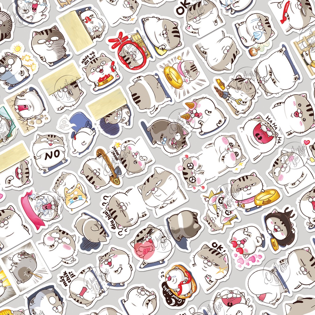 Combo 30/60/120/180 sticker decal hình dán chủ đề Mèo AMI bụng bự dễ thương xe, dán mũ bảo hiểm, dán laptop, điện thoại