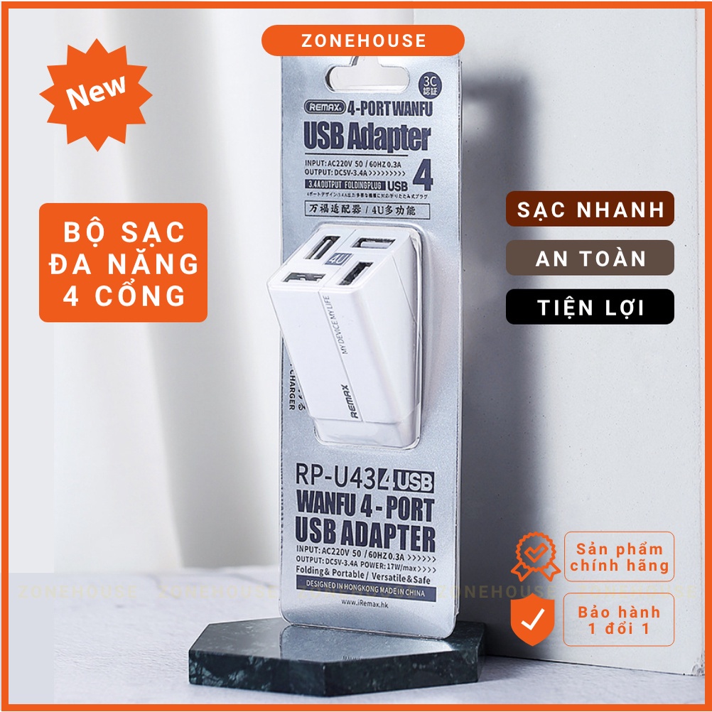 Củ Sạc Nhanh 4 cổng REMAX thông minh tự ngắt, hỗ trợ sạc siêu nhanh QC 3.0, 4 cổng USB bảo vệ chống sét.