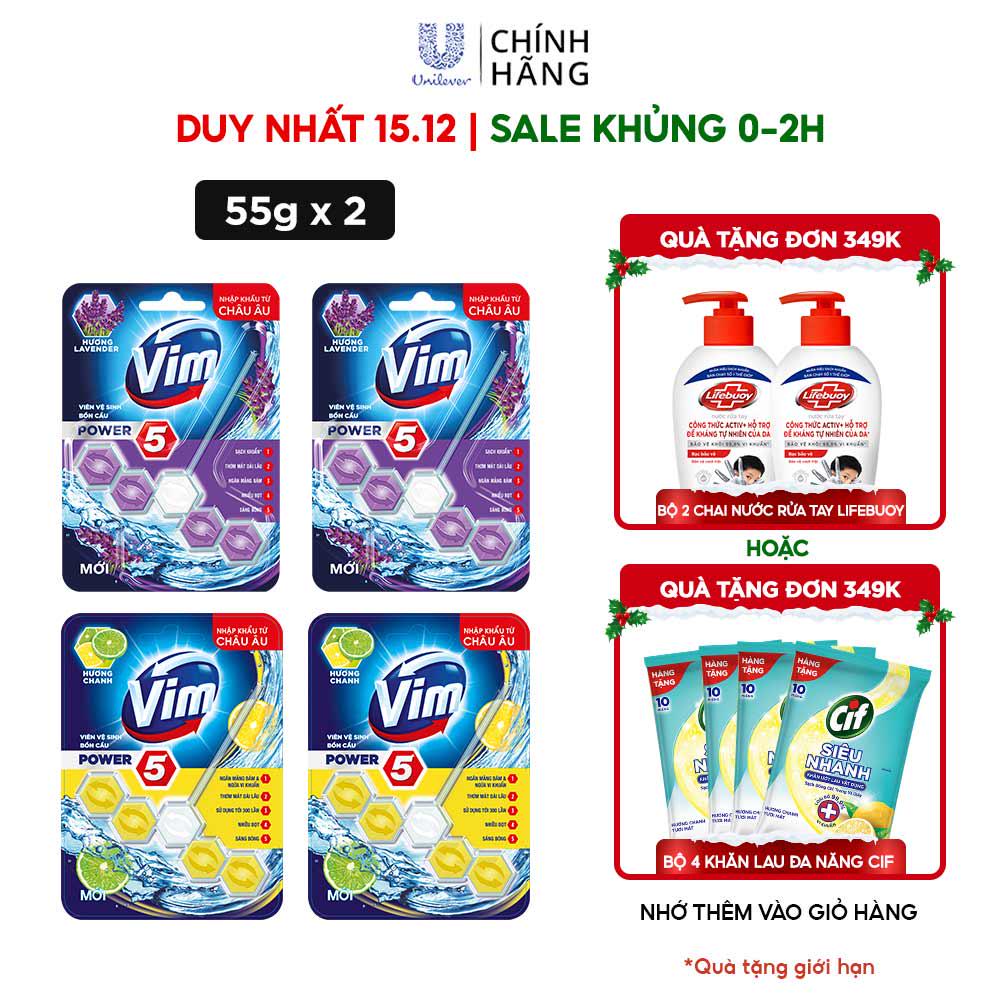 Combo 2 Viên Vệ sinh bồn cầu VIM POWER 5 sạch khuẩn thơm mát 55g/viên