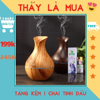 Máy xông tinh dầu cổ cao thiết kế vân gỗ có đèn sang trọng, kiểu dáng lọ hoa
