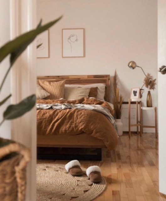 ✨Bộ chăn ga gối Cotton đũi: nâu đậm mix beige