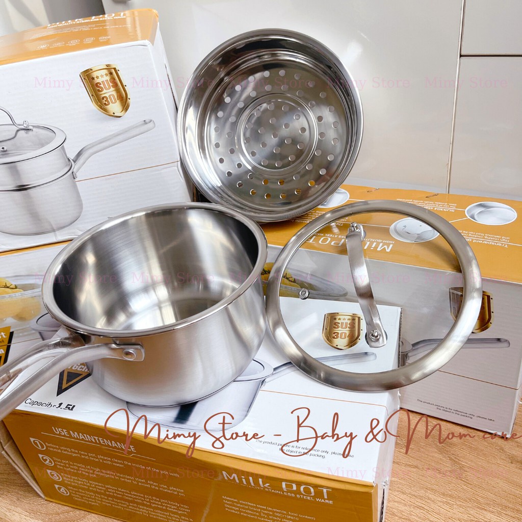 Nồi Inox 3 Đáy Milk Pot 16cm Kèm Xửng Hấp