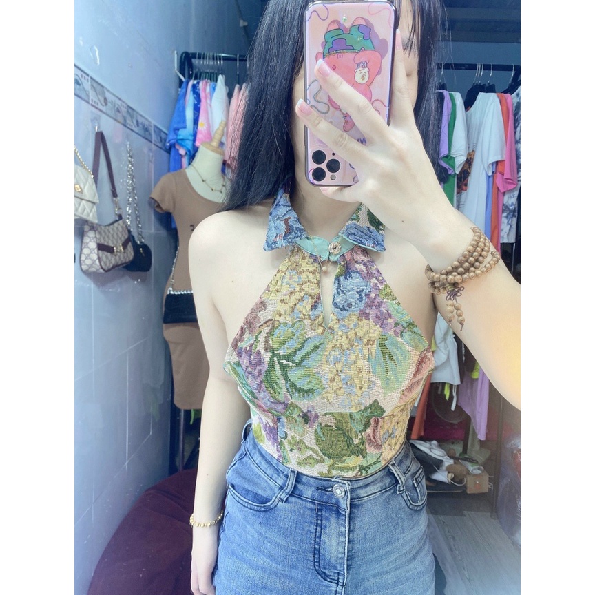 Áo kiểu yếm cổ bẻ croptop hở lưng đan dây thổ cẩm nữ đẹp ôm body cực sexy mẫu mới thời trang 2021