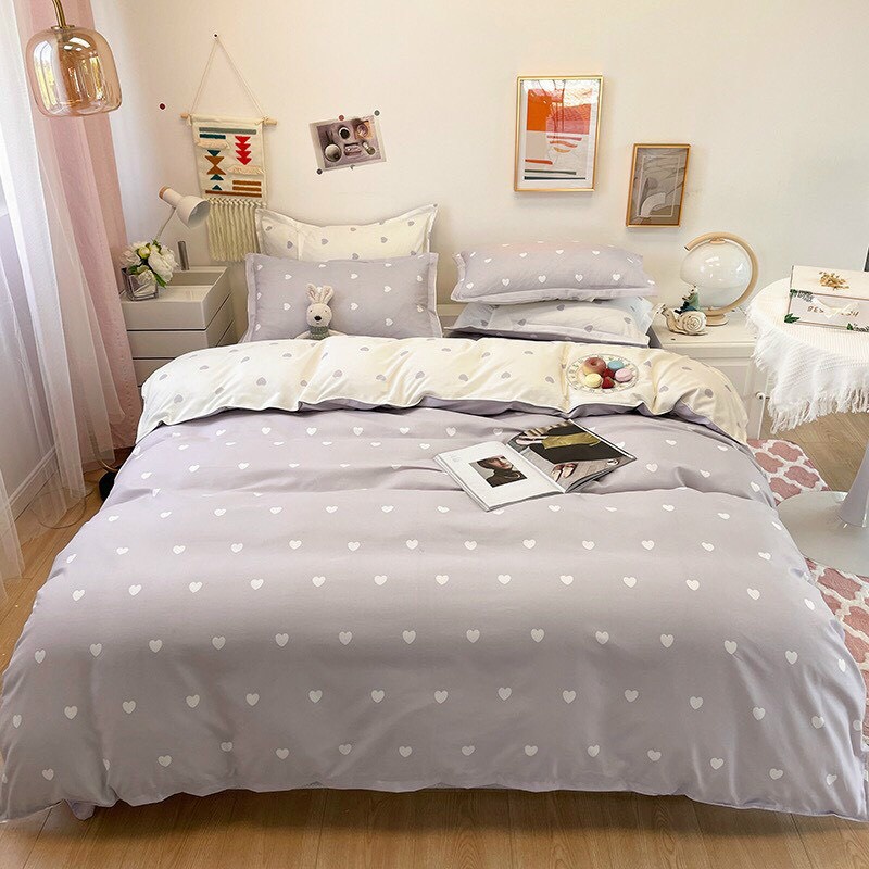 Bộ Chăn Ga Gối Cotton Poly Hizun Dùng 2 Mặt Mẫu Trái Tim