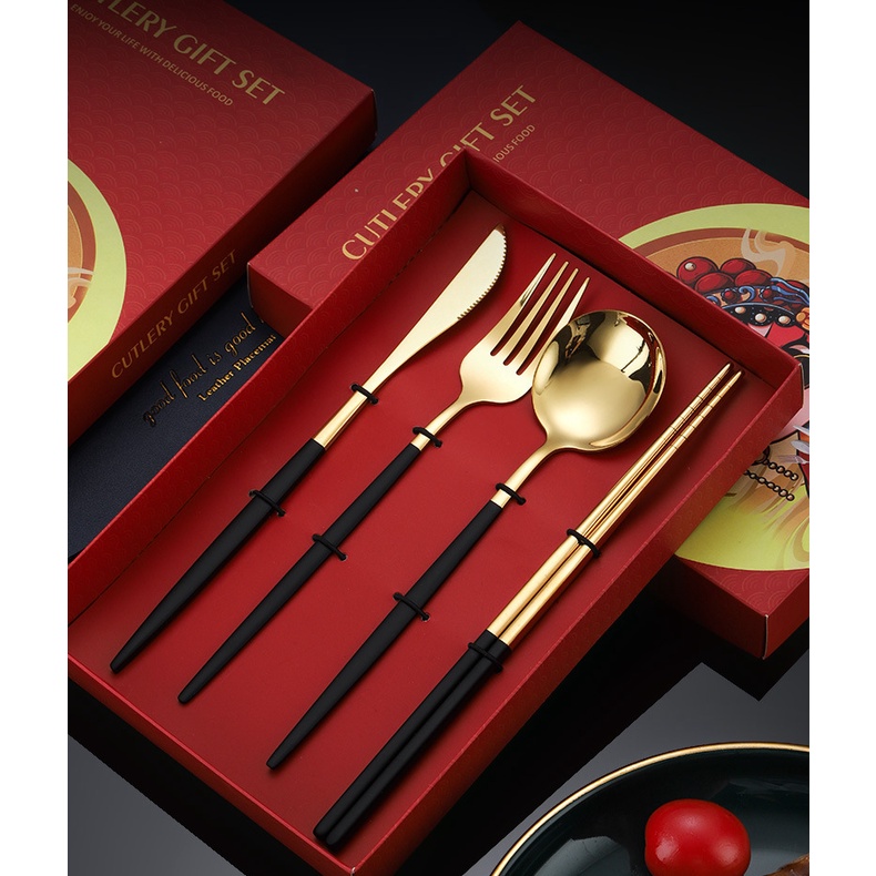 Bộ 4 dụng cụ ăn uống bằng thép không gỉ phong cách Trung Hoa cho năm mới