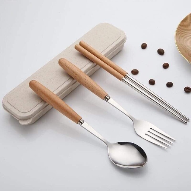 Bộ 3 thìa đũa cán gỗ hộp đựng lúa mạch tiện lợi