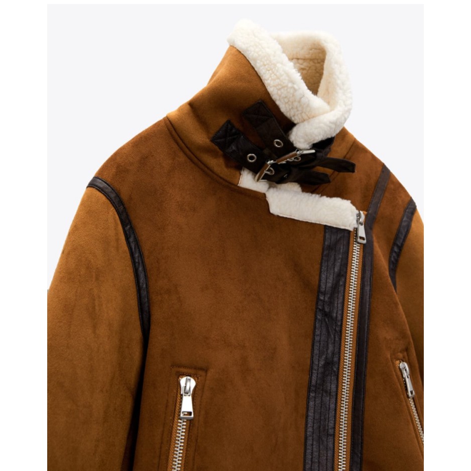 ÁO KHOÁC DA LỘN ZARA XUẤT DƯ TUỒN NỮ BIKER JACKET LÓT LÔNG MÀU NÂU - 6318/239 6318/237