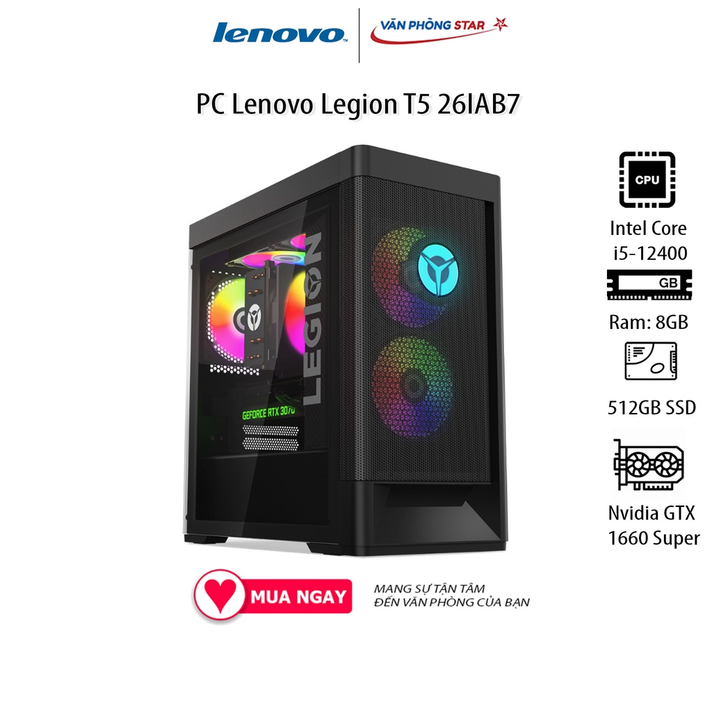 PC Lenovo Legion T5 26IAB7 (i5-12400/8GB RAM/512GB SSD/GTX1660 Super/WL+BT/K+M/Win 11) (90SV00J5VN)
