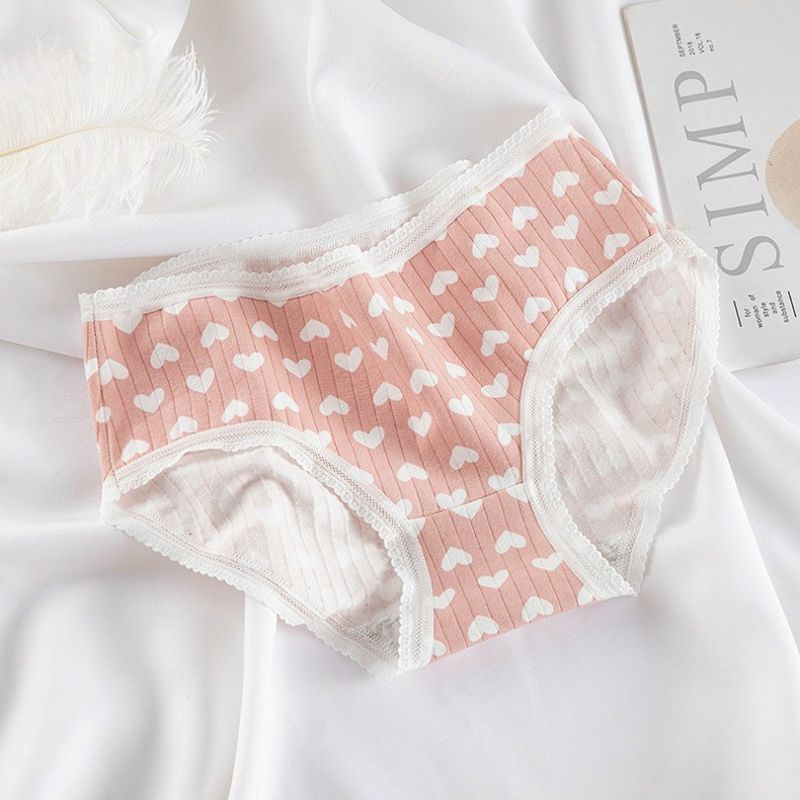 Quần Lót Cotton Viền Ren Hoạ Tiết Trái Tim