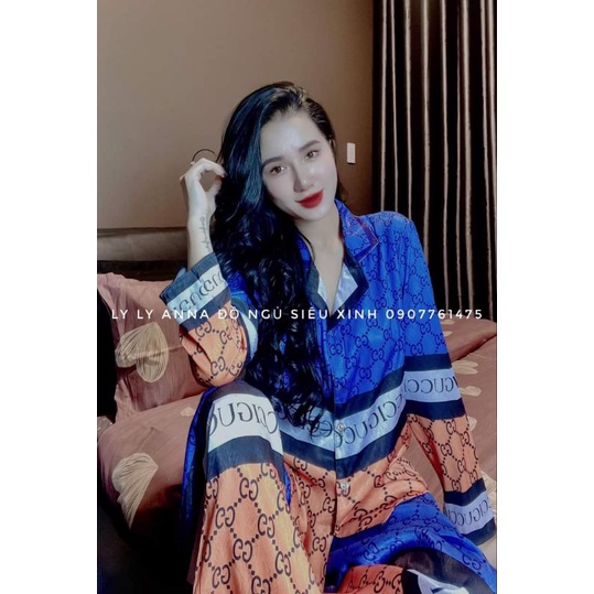 Pijama hàng thiết kế họa tiết Gucci vải lụa xước Tô Châu cao cấp.Ảnh shop chụp thật ở cuối trang nha khách