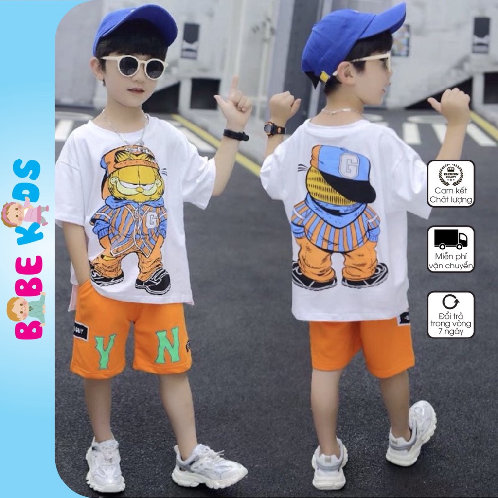 Quần áo trẻ em BABEKIDS, bộ đồ cotton bé trai Mèo Ngầu, quần áo dành cho trẻ em từ 14 đến 45kg