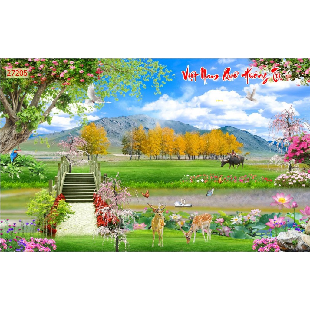 Tranh dán tường 3d phong cảnh thiên nhiên trang trí phòng khách chất liệu decal pp keo sẵn bóc dán atk9