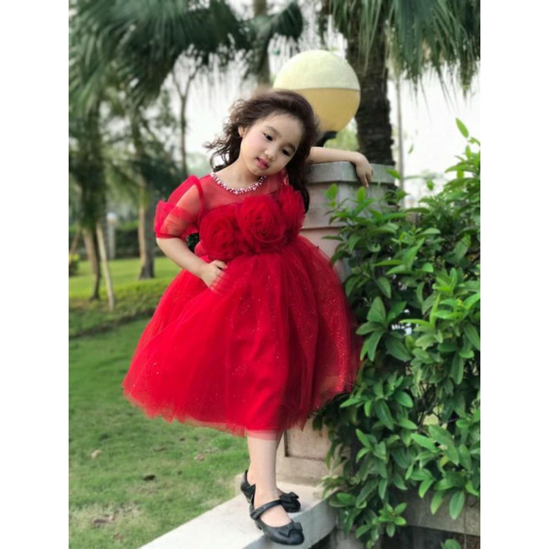 Đầm Đỏ Von Cao Cấp Bé Gái Dễ Thương